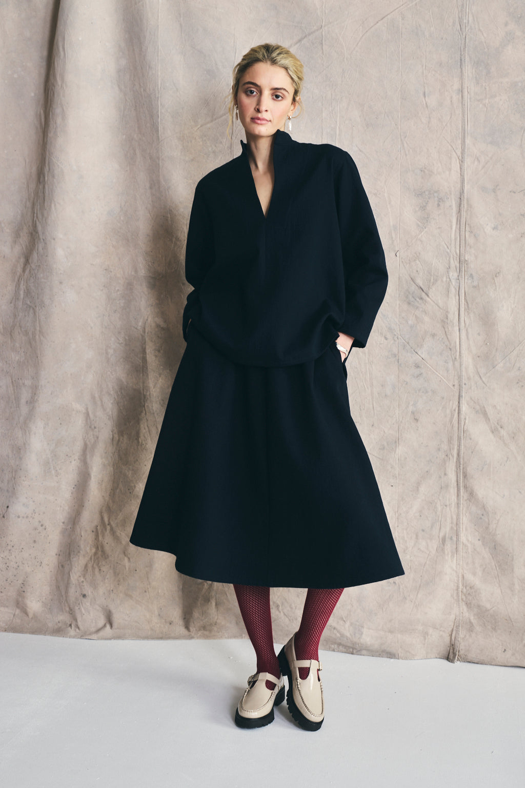 Flared Midi Skirt Cotton and Wool Blend