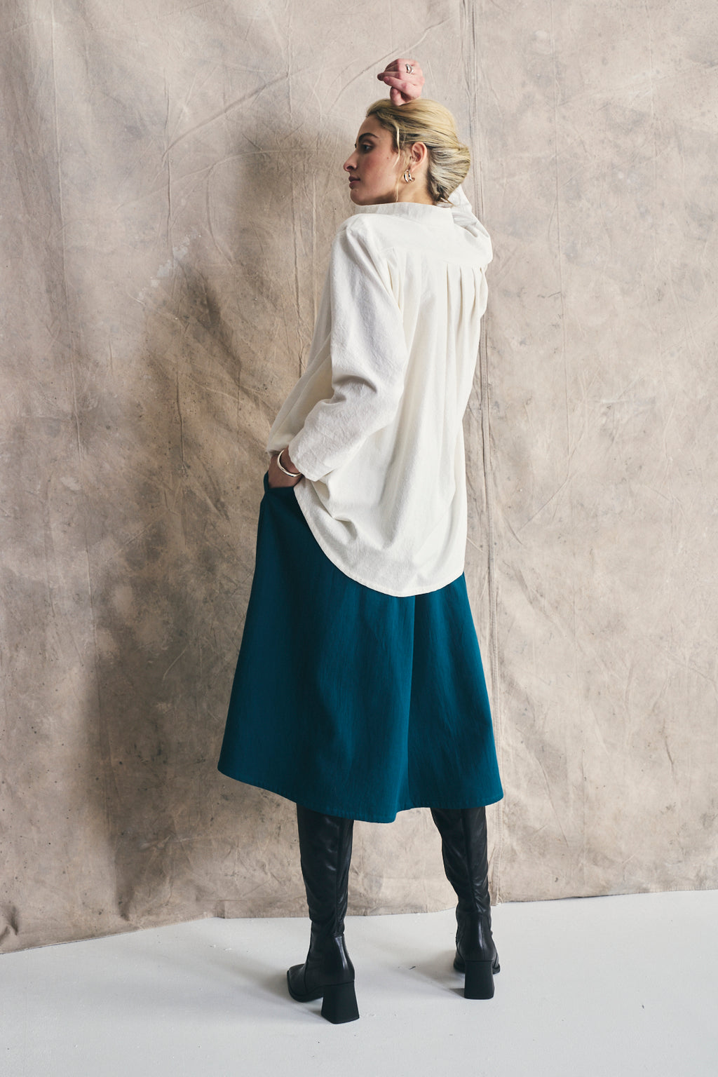 Flared Midi Skirt Cotton and Wool Blend