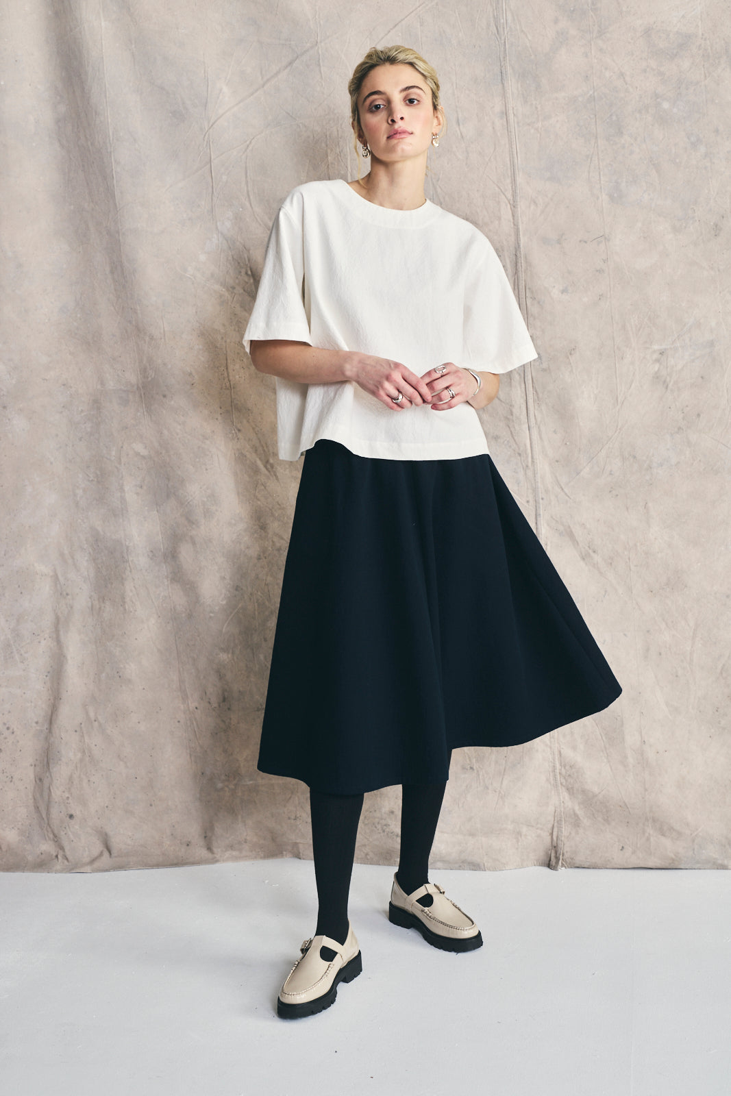 Flared Midi Skirt Cotton and Wool Blend