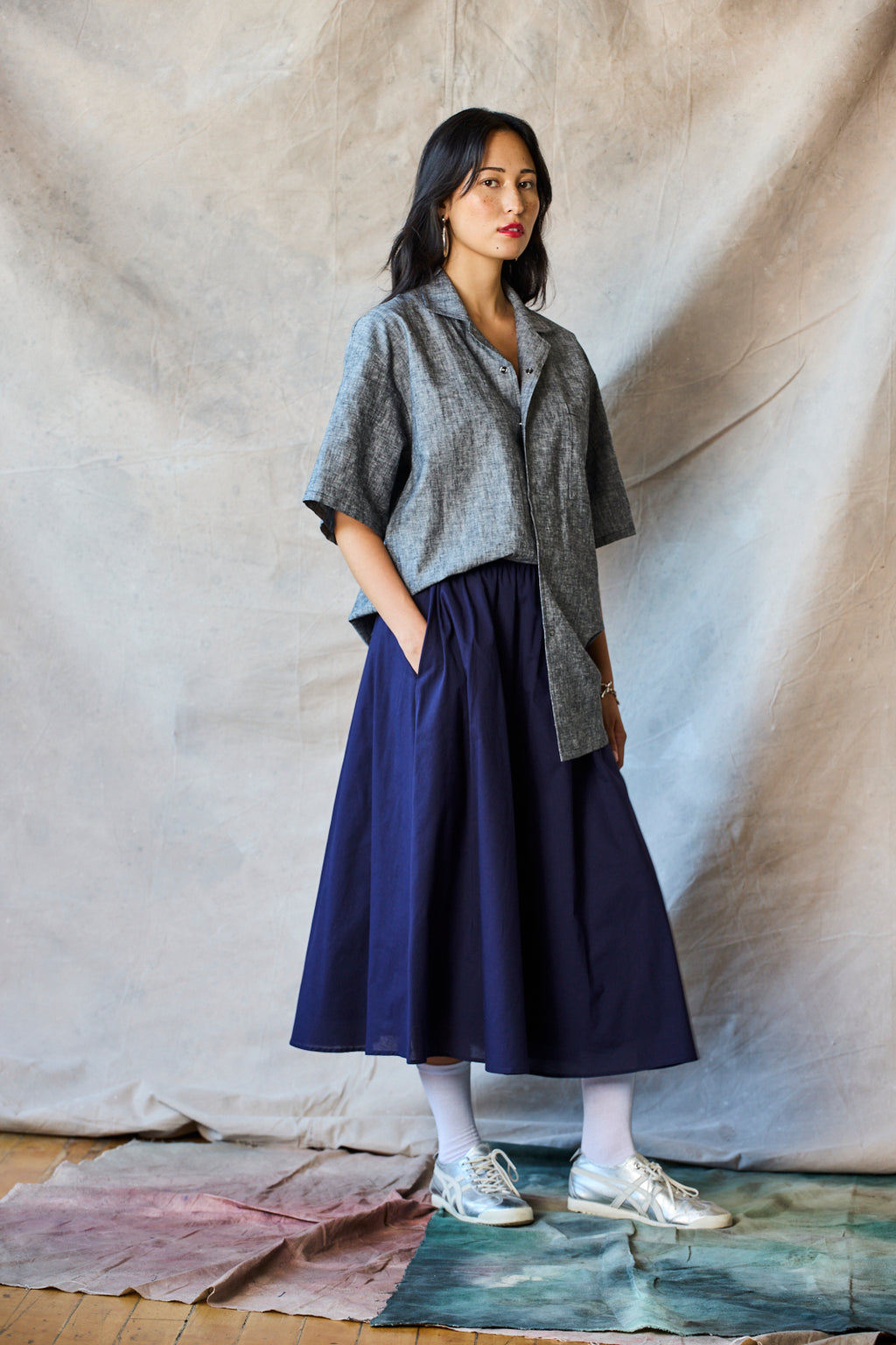 Gathered Skirt - Navy Voile