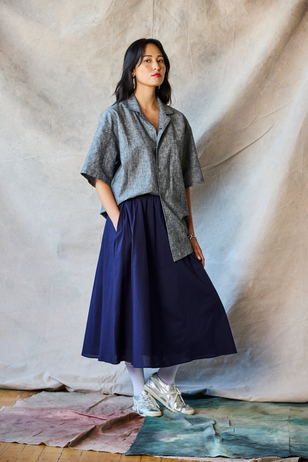 Gathered Skirt - Navy Voile