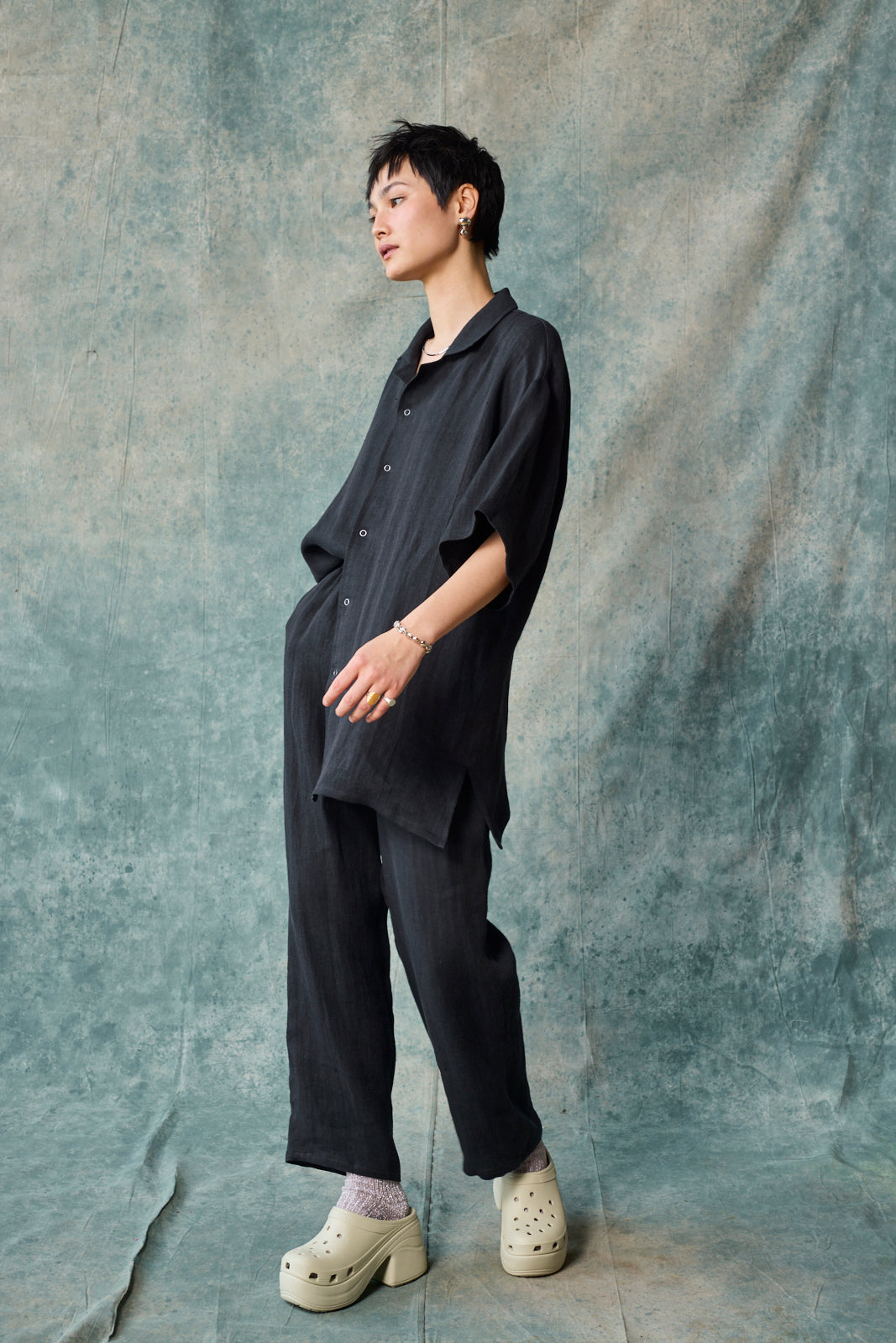 Slim Camp Collar Shirt - Black Linen