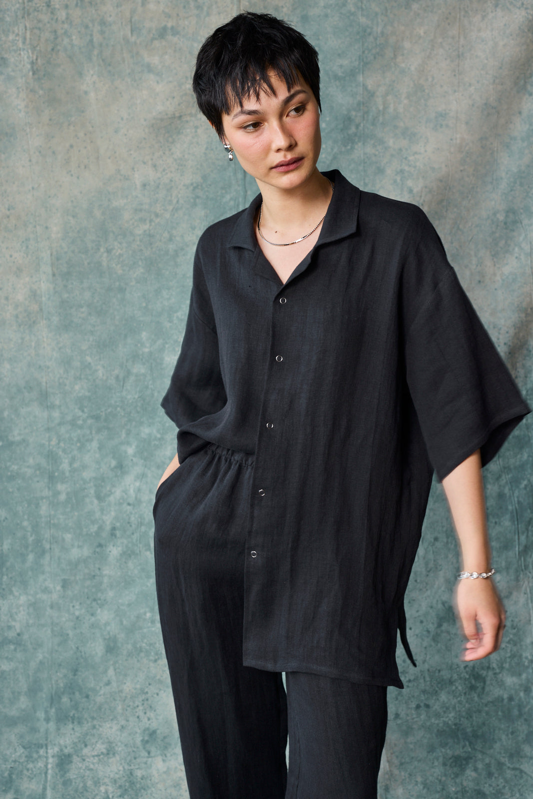 Slim Camp Collar Shirt - Black Linen