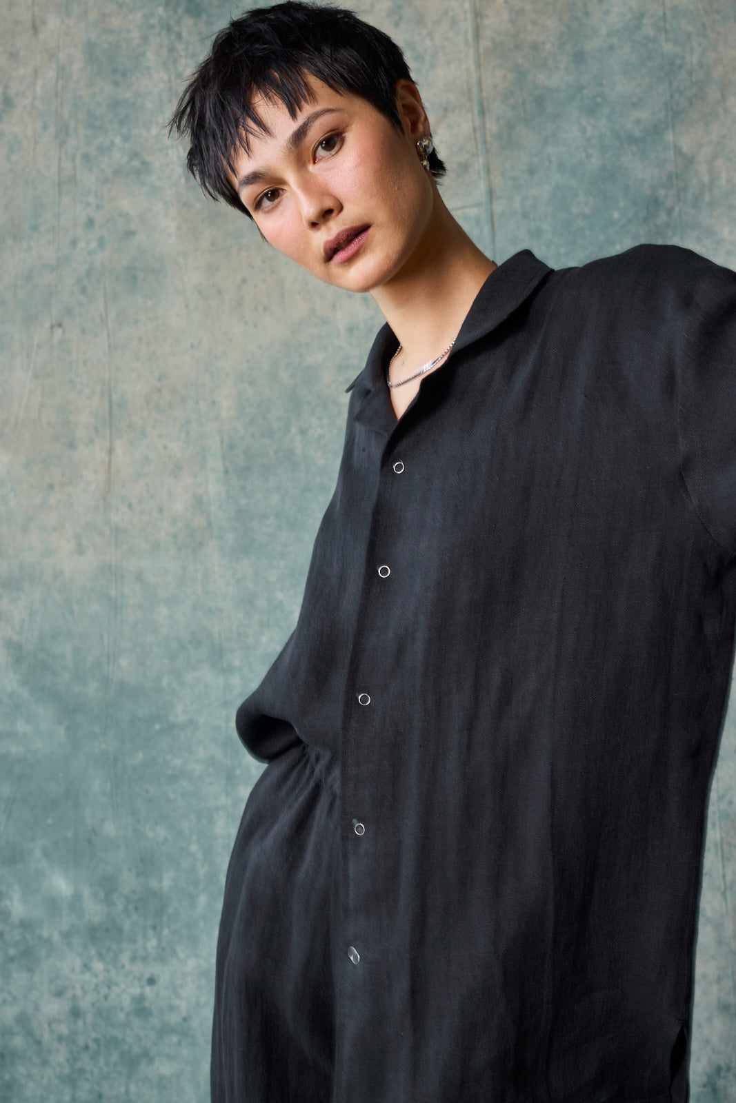 Slim Camp Collar Shirt - Black Linen